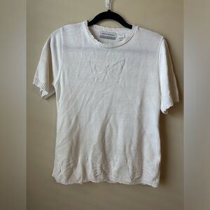Alfred Dunner Vintage 90s white Butterfly Jacquard knit short sleeve blouse